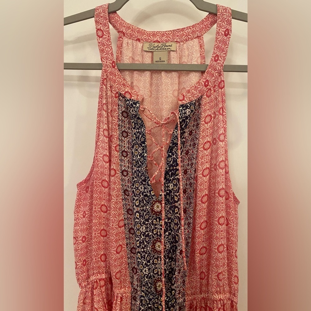 Lucky Brand Halter Maxi Dress Sz S Red/Blue/White Print Lace Up Chest - Picture 4 of 6